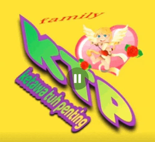 a purple and green logo with a cupid on it