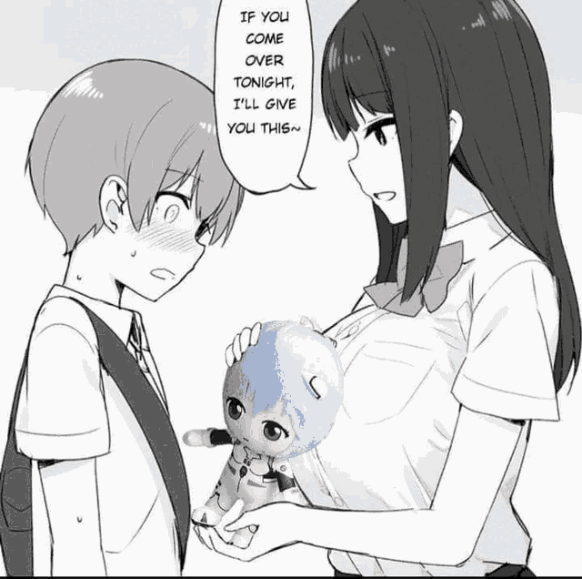 a black and white drawing of a girl holding a stuffed toy that says " if you come over tonight "
