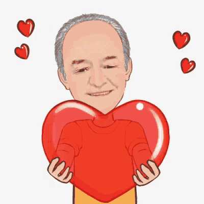 a cartoon of an older man holding a large red heart in his hands .