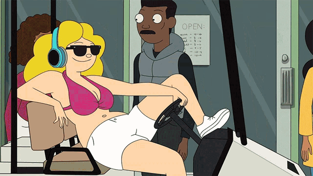 a cartoon of a woman wearing headphones and a sign that says open on it