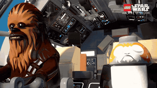 chewbacca and porg from lego star wars are sitting in a cockpit