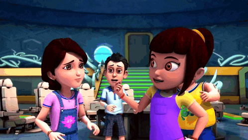 a group of cartoon characters are standing around talking