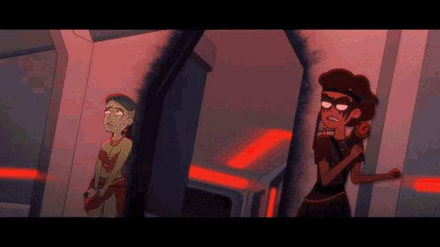 two cartoon characters are standing next to each other in a dark room