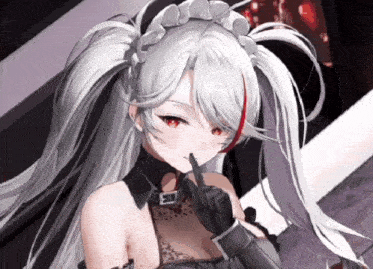 a girl with pigtails is holding her finger to her lips