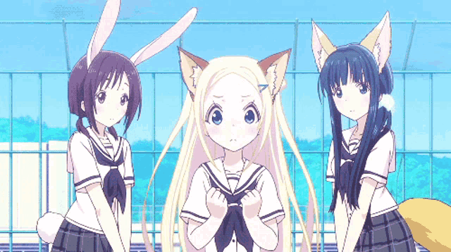 three anime girls with bunny ears and fox ears