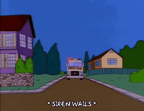 a cartoon ambulance is driving down a street and says siren wails