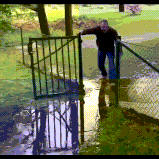 a man stands on a fence over a puddle