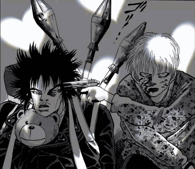 a black and white drawing of a man holding a teddy bear and another man holding a gun