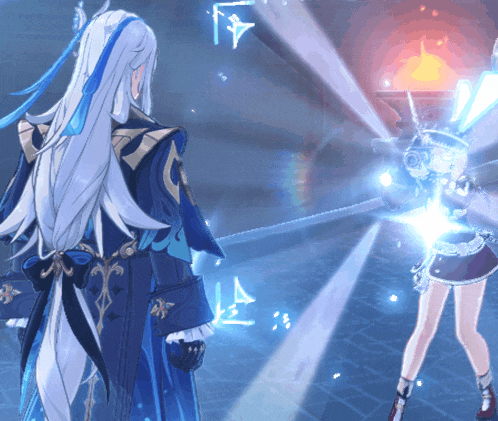 a woman with long white hair is standing next to a man in a blue coat