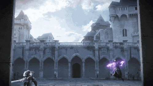 a man with a sword is standing in front of a castle with a purple light coming out of it