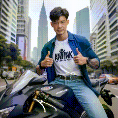 a man is sitting on a motorcycle in a city giving a thumbs up .