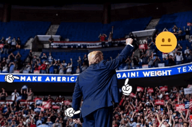 a man in a suit stands in front of a sign that says make america gain weight tex