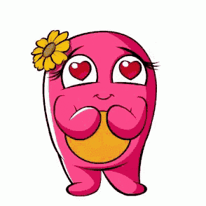a pink cartoon character with red eyes is holding a yellow flower in front of its face .
