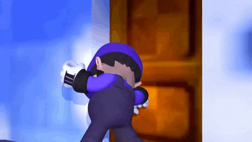 a cartoon character with a purple hat and gloves is standing next to a door
