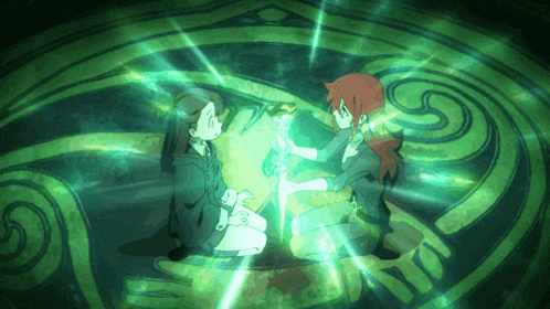 two girls are sitting in a circle with a green light coming out of the center