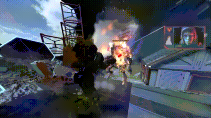 a man is standing in front of an explosion in a video game .
