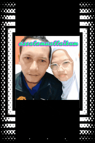 a man and a woman are posing for a picture and the words assalamualaikum are on the bottom