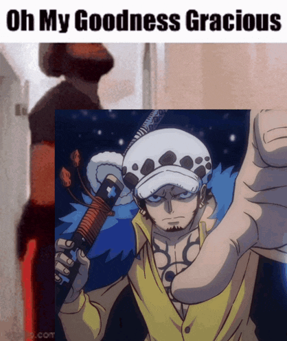 a cartoon of a man holding a sword with the words oh my goodness gracious below him