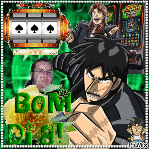 a picture of a man and a slot machine that says bom dia on it