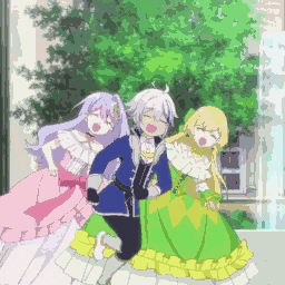 a group of anime characters are posing for a picture and one of them is wearing a green dress