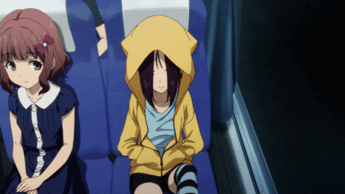 a girl in a yellow hoodie sits on a blue seat