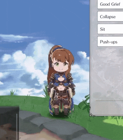 a cartoon character is standing in a field with a good grief button