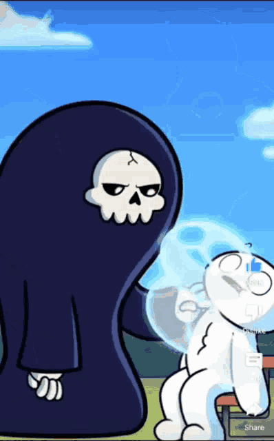 a cartoon of a grim reaper standing next to a white ghost