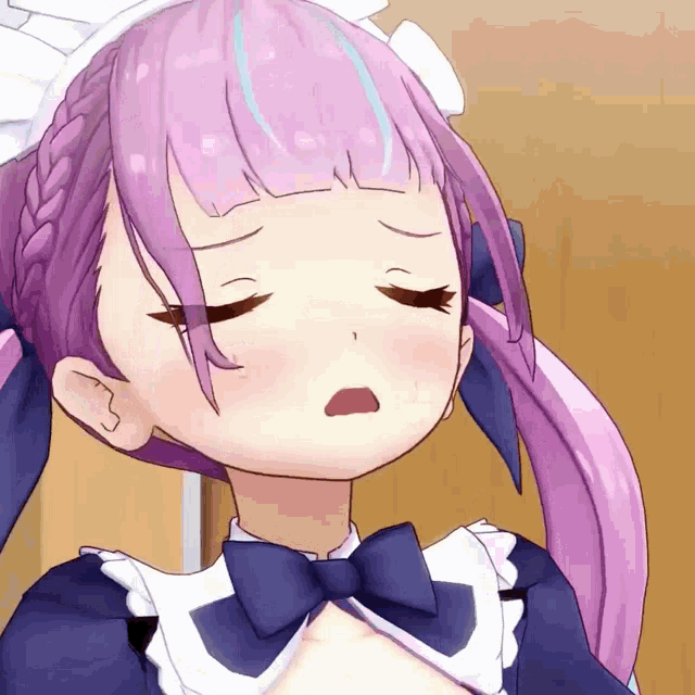 a girl with purple hair is wearing a maid outfit and a bow tie