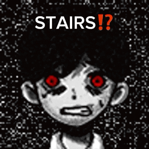 a black and white drawing of a boy with red eyes and the words stairs written above him