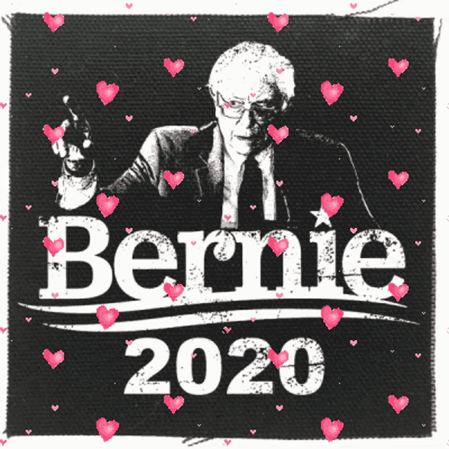 a black and white photo of bernie 2020 with pink hearts around it