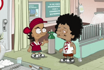 two cartoon characters standing in front of a sign that says si no viene muriendos pas a consulta externa