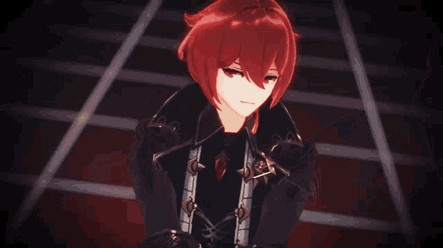 a close up of a red haired anime character