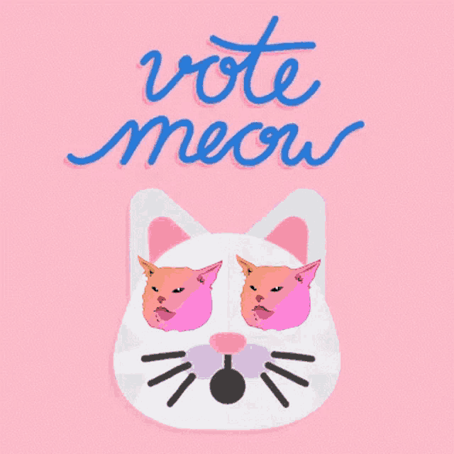 a pink background with a cat face and the words vote meow