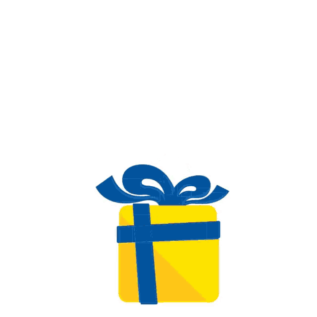 a yellow gift box with a blue bow and icons coming out of it including a hot air balloon and popcorn