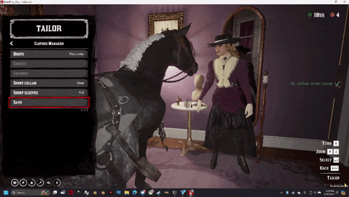 a woman standing next to a horse in front of a tailor 's window