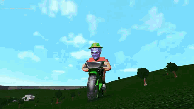 a cartoon character wearing a purple mask and a green hat rides a green motorcycle