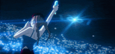 a girl in a blue dress is holding a blue light in her hand