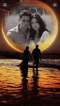 a man and a woman are walking in front of a full moon