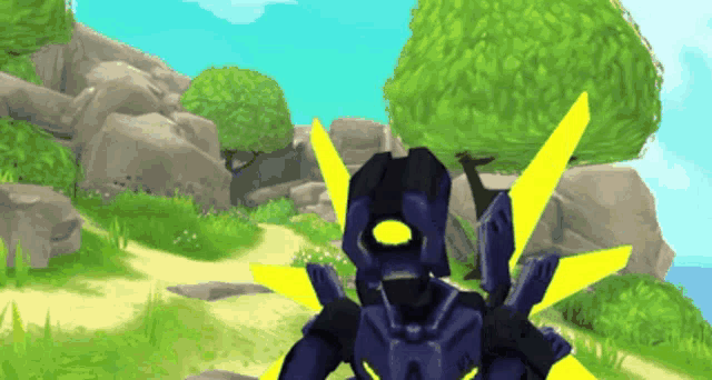 a blue robot with yellow wings is standing in a grassy field