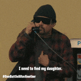 a man talking on a payphone with the words " i need to find my daughter " below him