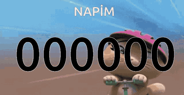 a cat wearing a pink helmet is riding a scooter with the number 000000 behind it
