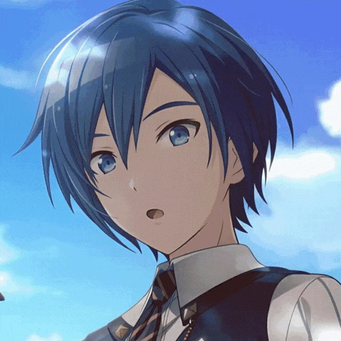a boy with blue hair and a white shirt and tie