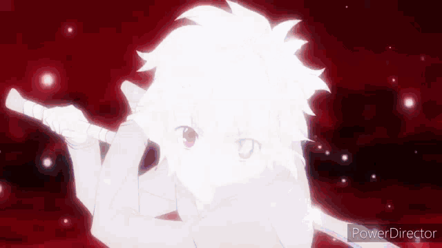 a person is holding a sword in their hand in a red background .