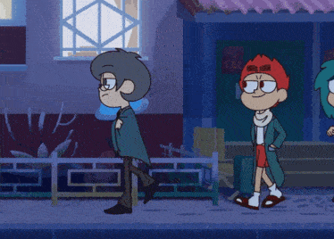 two cartoon characters are walking down a street with graffiti on the wall that says " boom "