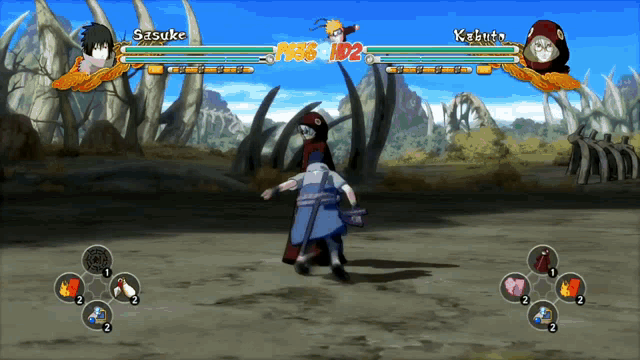 sasuke and kabuto are fighting in a video game and sasuke has a high hp
