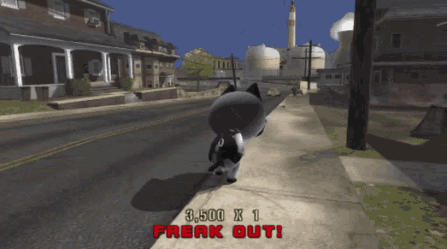 a cartoon cat is walking down a sidewalk with the words 3,500 x 1 freak out on the sidewalk