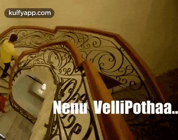 a man is walking down a spiral staircase with a wrought iron railing and the words nenu vellipothaa .