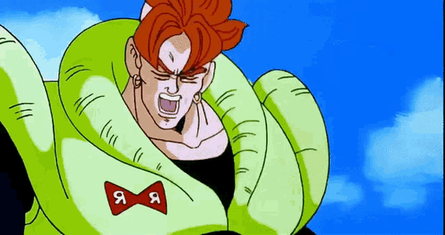 a cartoon character with a red hair and a red bow on his shirt