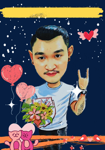 a cartoon of a man holding a bouquet of flowers and making a rock and roll sign