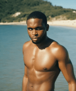 a shirtless man is standing on a beach near the water